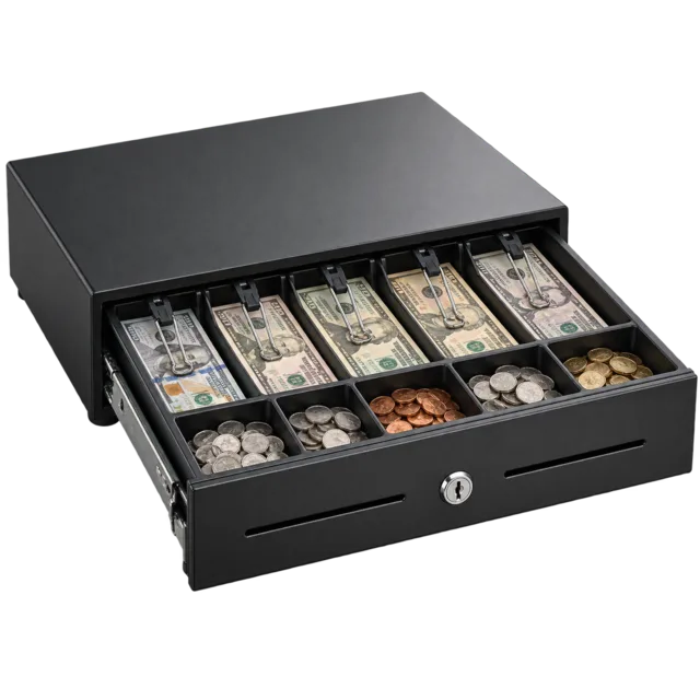 Open cash drawer with note and coin trays